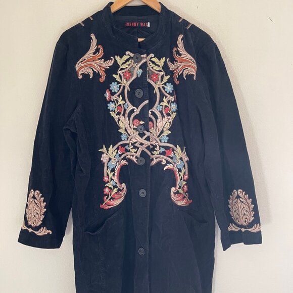 JOHNNY WAS Black Thin Wale Corduroy Embroidered Coat: 1X (EXCELLENT CONDITION) - Picture 1 of 6
